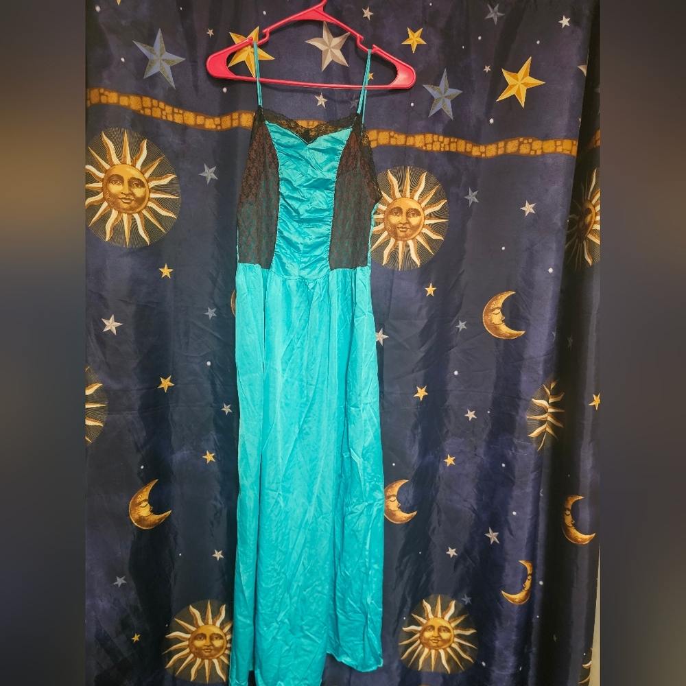 Teal and Black Spaghetti Slip Dress